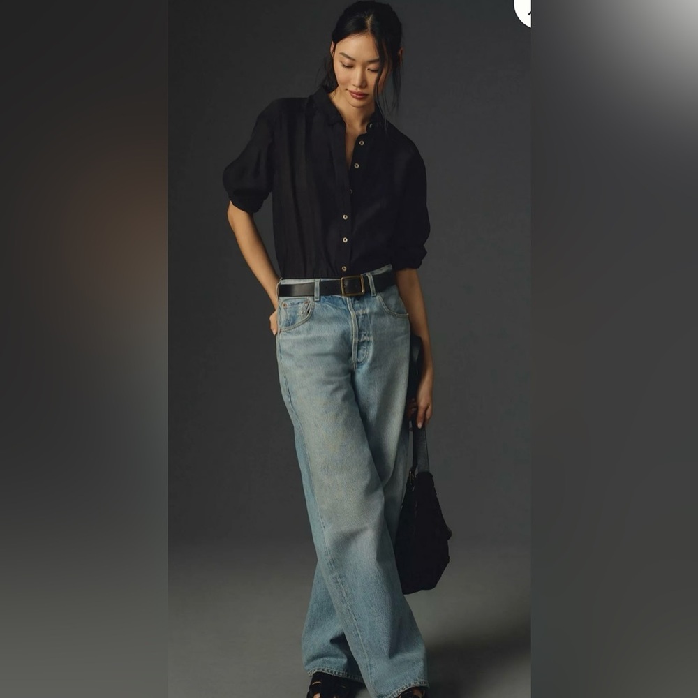 Pilcro Anthropologie Black Button-Front Bodysuit Blouse with Collar - Picture 7 of 13